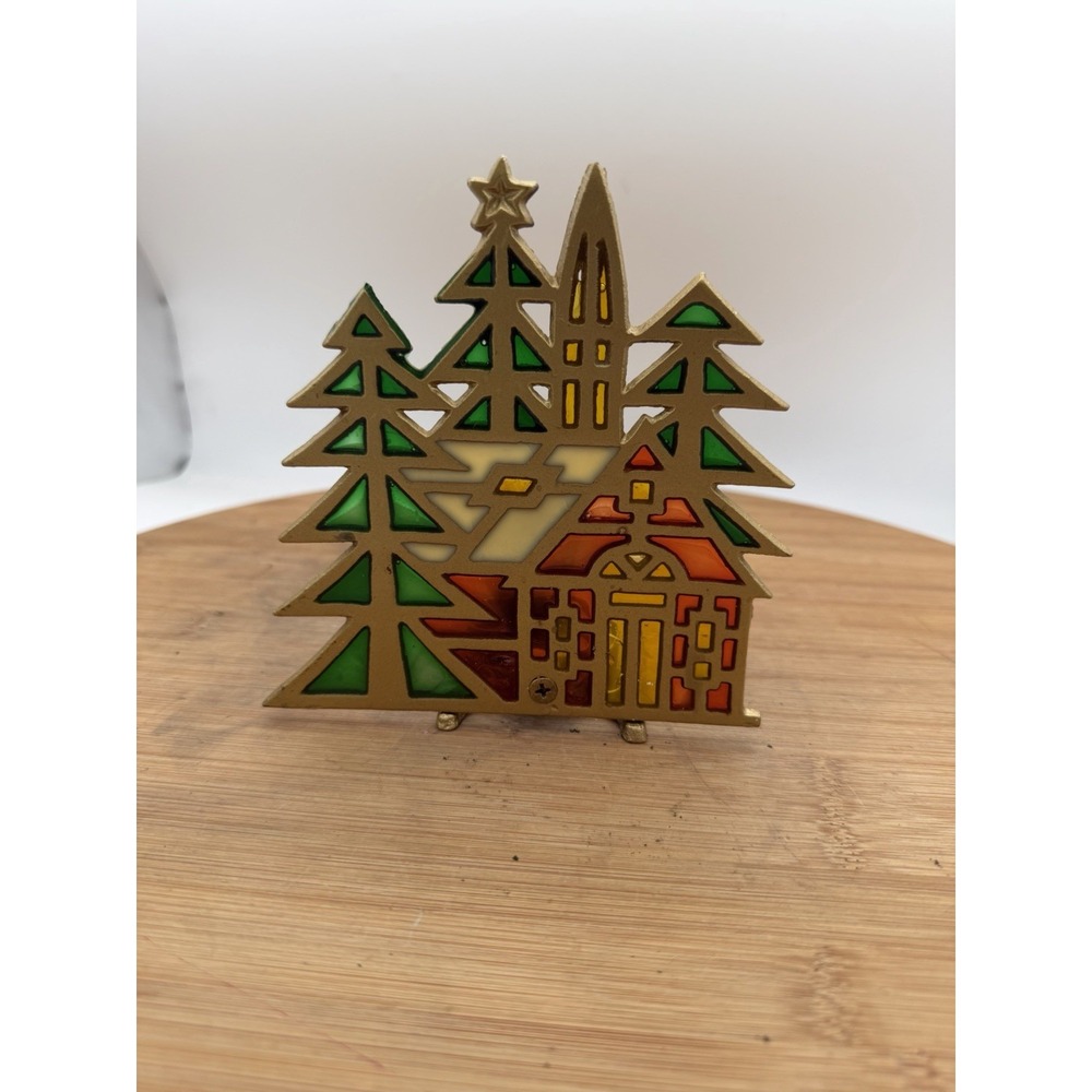 Enesco Vintage Cast Iron Stained Glass Winter Village Tea Light Candle Holder